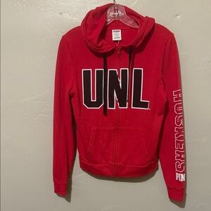 PINK Victoria's Secret Red Hooded Zipper Sweatshirt Nebraska Jacket XSmall NWOT